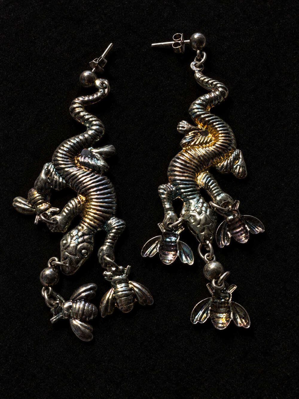 ⚜️ Figural Dragon Dangles | Silver-Tone + Gold-Tone Accent Post Earrings 💗